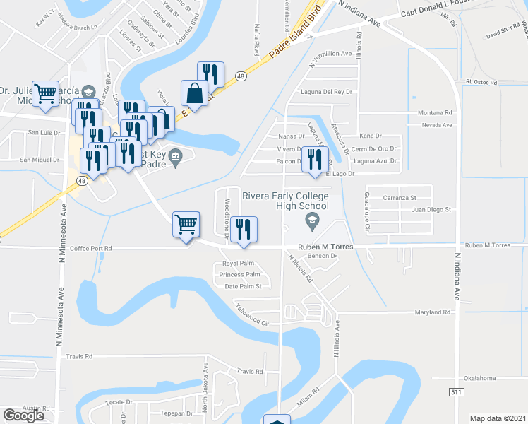 map of restaurants, bars, coffee shops, grocery stores, and more near 6895 Ruben M Torres Boulevard in Brownsville