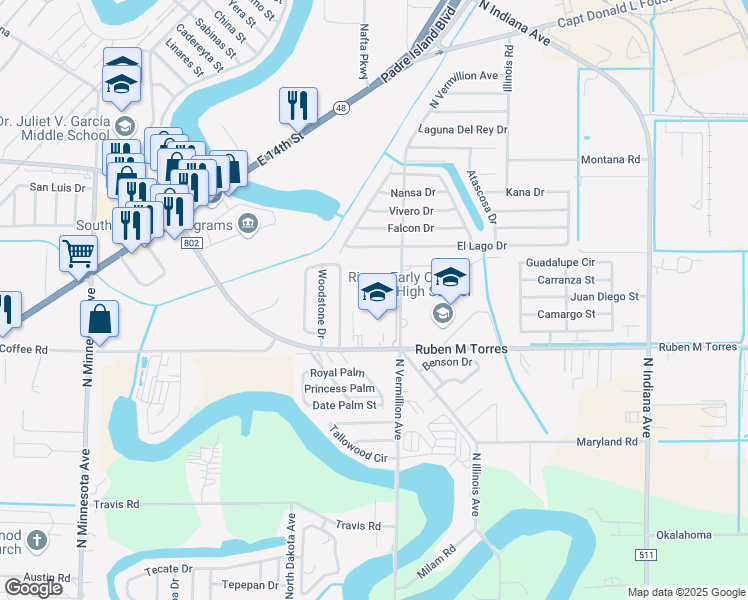 map of restaurants, bars, coffee shops, grocery stores, and more near 6895 Ruben M Torres Boulevard in Brownsville