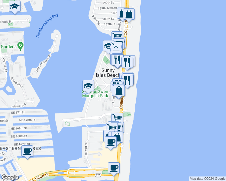 map of restaurants, bars, coffee shops, grocery stores, and more near 200 178th Street in Sunny Isles Beach