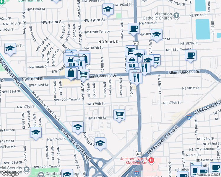 map of restaurants, bars, coffee shops, grocery stores, and more near 18120 Northwest 5th Avenue in Miami
