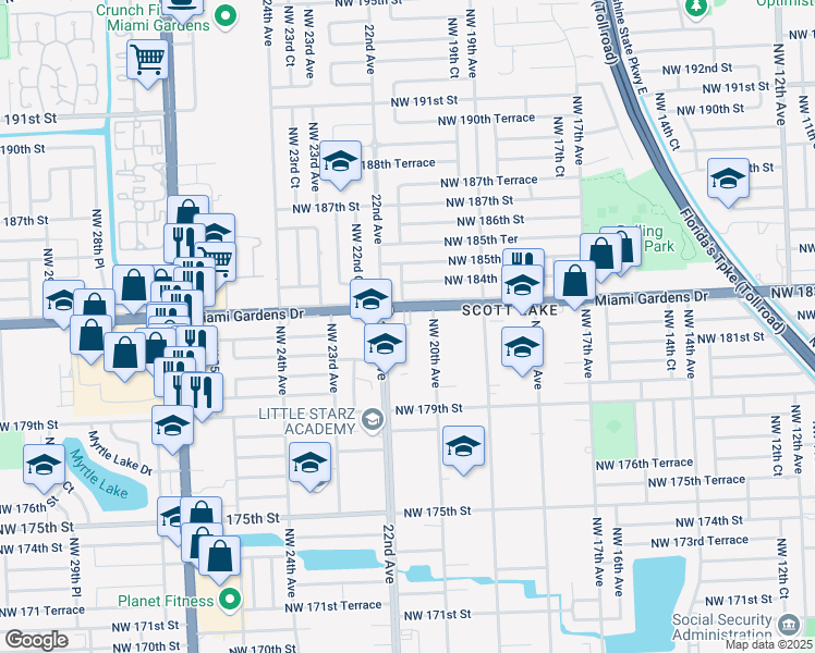 map of restaurants, bars, coffee shops, grocery stores, and more near 2190 Northwest 183rd Street in Miami Gardens