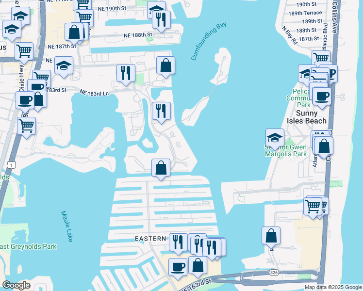 map of restaurants, bars, coffee shops, grocery stores, and more near 3000 Island Boulevard in Aventura