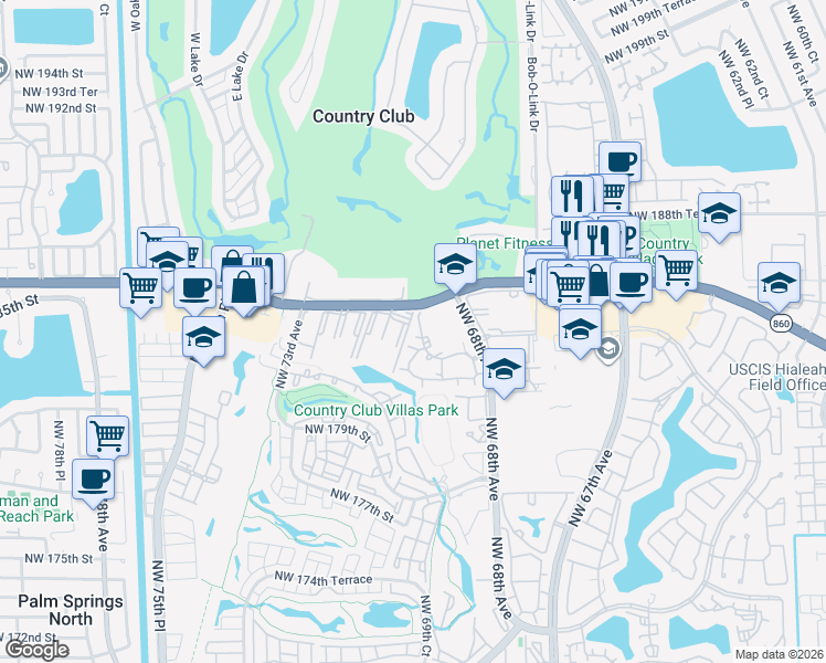 map of restaurants, bars, coffee shops, grocery stores, and more near 18336 Northwest 68th Avenue in Hialeah