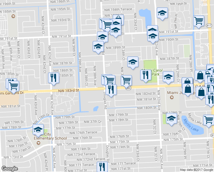 map of restaurants, bars, coffee shops, grocery stores, and more near 3695 Northwest 183rd Street in Miami Gardens