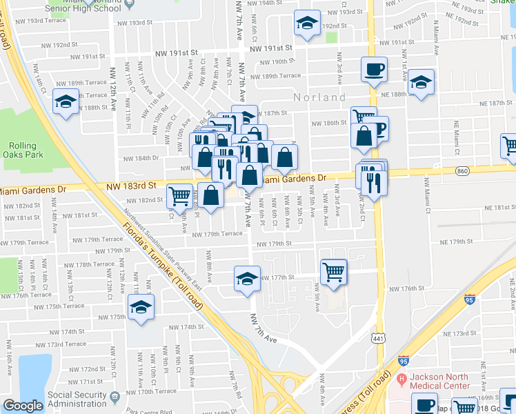 map of restaurants, bars, coffee shops, grocery stores, and more near 18200 Northwest 6th Place in Miami