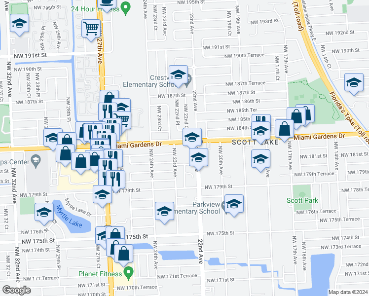 map of restaurants, bars, coffee shops, grocery stores, and more near in Miami Gardens