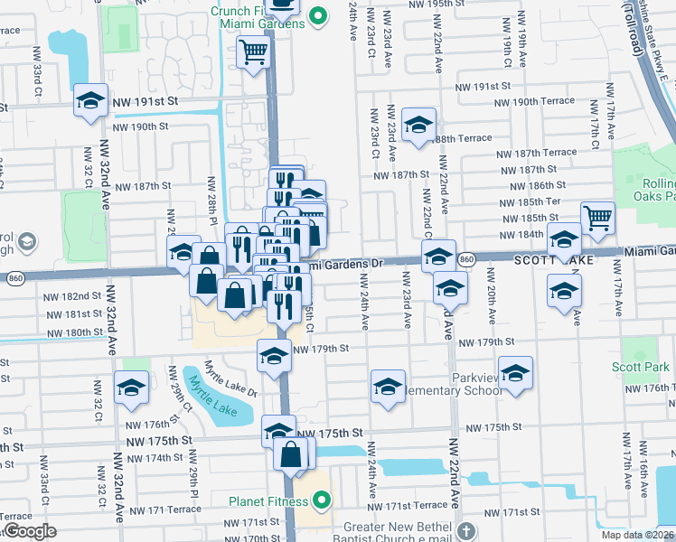 map of restaurants, bars, coffee shops, grocery stores, and more near 2485 Northwest 183rd Street in Miami Gardens