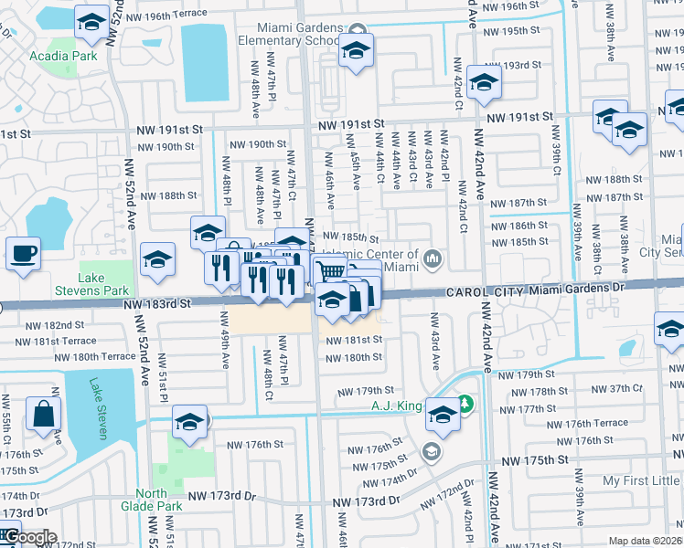 map of restaurants, bars, coffee shops, grocery stores, and more near 4601 Northwest 183rd Street in Miami Gardens