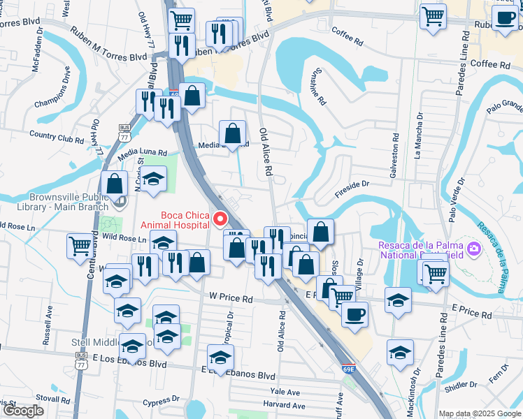 map of restaurants, bars, coffee shops, grocery stores, and more near 1480 North Expressway in Brownsville