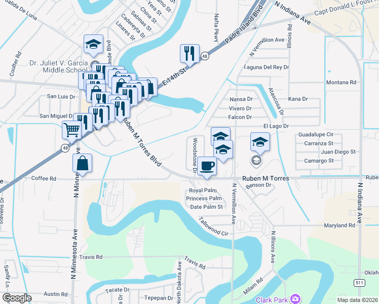 map of restaurants, bars, coffee shops, grocery stores, and more near 2408 Autumn Sage Drive in Brownsville