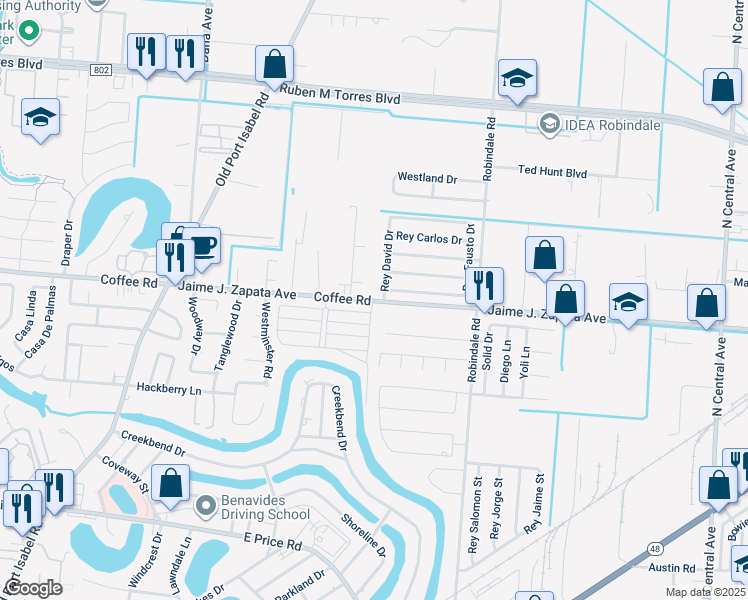 map of restaurants, bars, coffee shops, grocery stores, and more near 4045 Jaime J. Zapata Avenue in Brownsville