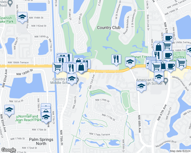 map of restaurants, bars, coffee shops, grocery stores, and more near 7010 Northwest 73rd Avenue in Hialeah