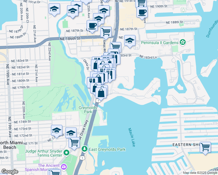 map of restaurants, bars, coffee shops, grocery stores, and more near 17813 Biscayne Boulevard in Aventura
