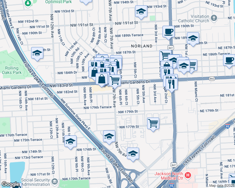 map of restaurants, bars, coffee shops, grocery stores, and more near 18200 Northwest 6th Place in Miami
