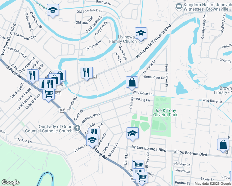 map of restaurants, bars, coffee shops, grocery stores, and more near 35 Kumquat Street in Brownsville
