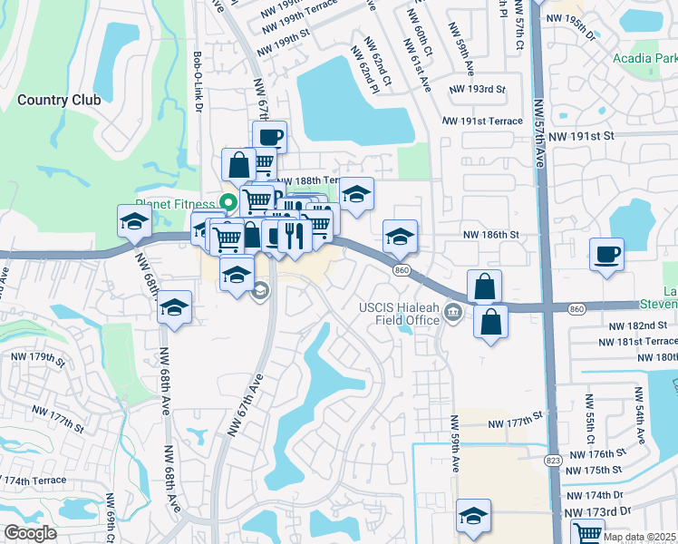 map of restaurants, bars, coffee shops, grocery stores, and more near 6284 Northwest 186th Street in Hialeah