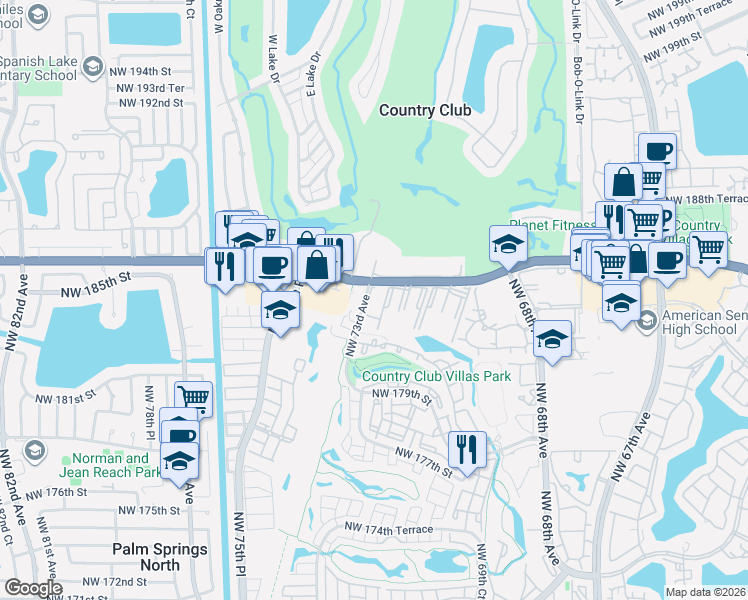 map of restaurants, bars, coffee shops, grocery stores, and more near 7010 Northwest 73rd Avenue in Hialeah