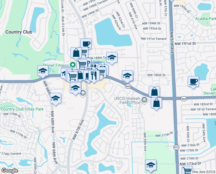 map of restaurants, bars, coffee shops, grocery stores, and more near 6276 Northwest 186th Street in Hialeah