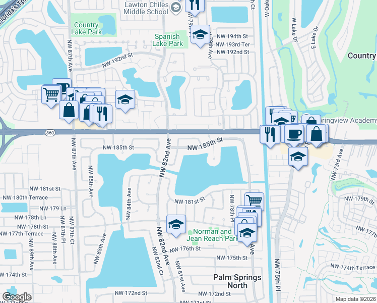 map of restaurants, bars, coffee shops, grocery stores, and more near 8040 Northwest 185th Street in Hialeah