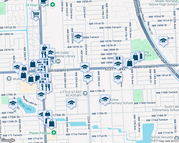 map of restaurants, bars, coffee shops, grocery stores, and more near 2190 Northwest 183rd Street in Miami Gardens