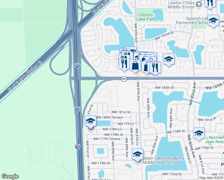 map of restaurants, bars, coffee shops, grocery stores, and more near 8860 Northwest 185th Street in Hialeah