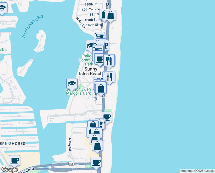 map of restaurants, bars, coffee shops, grocery stores, and more near 17885 Collins Avenue in Sunny Isles Beach