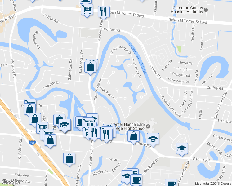 map of restaurants, bars, coffee shops, grocery stores, and more near 3 West Maple Drive in Brownsville