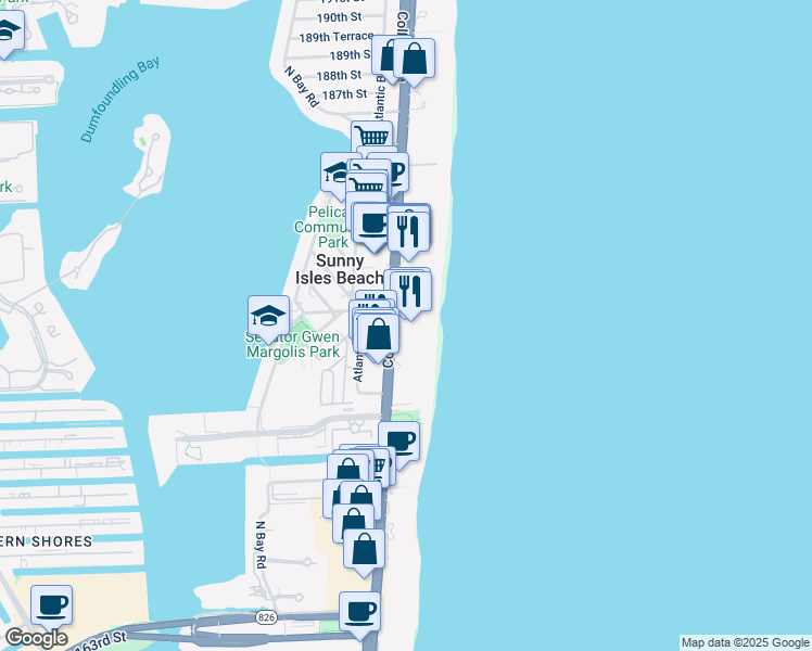 map of restaurants, bars, coffee shops, grocery stores, and more near 17875 Collins Avenue in Sunny Isles Beach