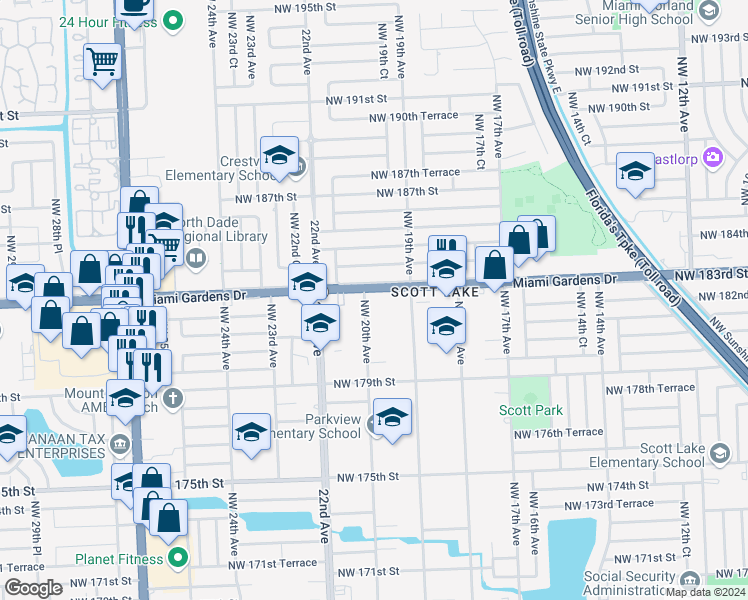 map of restaurants, bars, coffee shops, grocery stores, and more near 1990 Northwest 183rd Street in Miami Gardens
