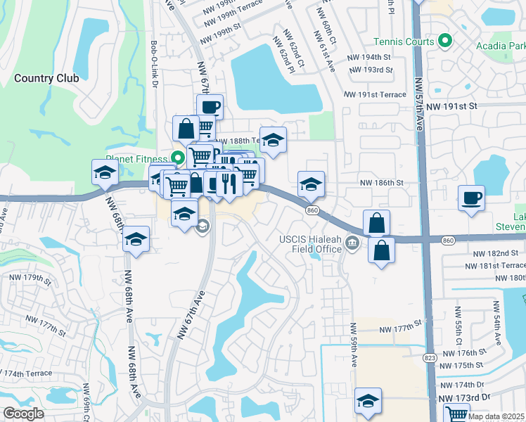 map of restaurants, bars, coffee shops, grocery stores, and more near 6284 Northwest 186th Street in Hialeah