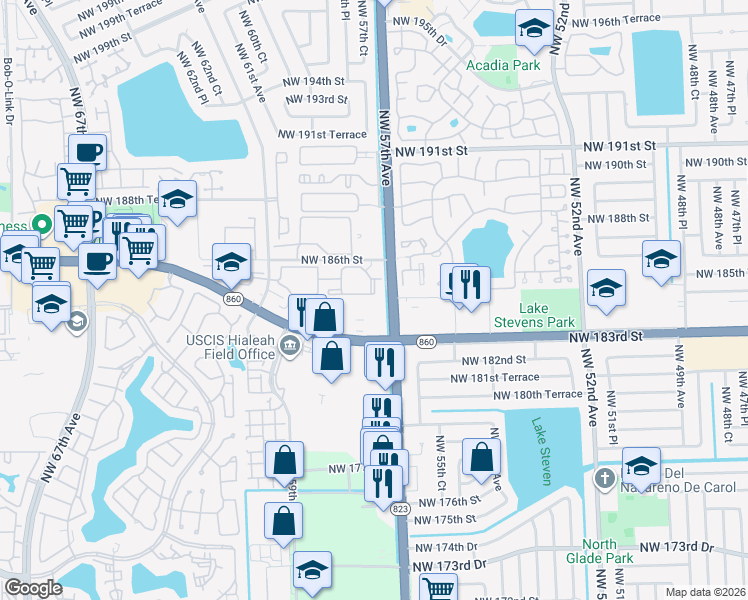 map of restaurants, bars, coffee shops, grocery stores, and more near 18454 Northwest 57th Avenue in Hialeah