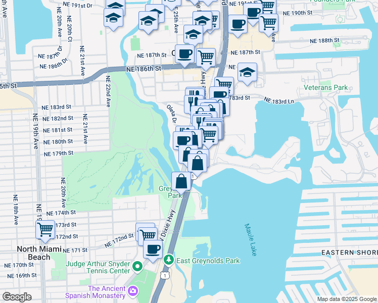 map of restaurants, bars, coffee shops, grocery stores, and more near 17801 West Dixie Highway in North Miami Beach