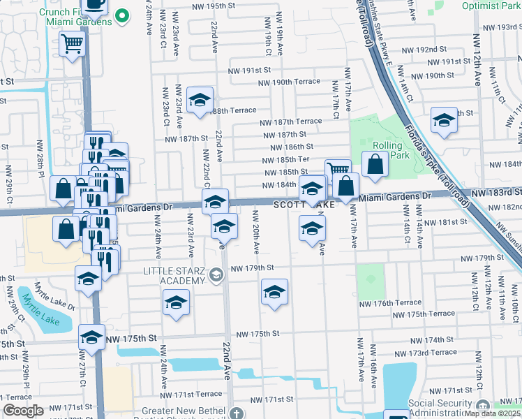 map of restaurants, bars, coffee shops, grocery stores, and more near 1990 Northwest 183rd Street in Miami Gardens