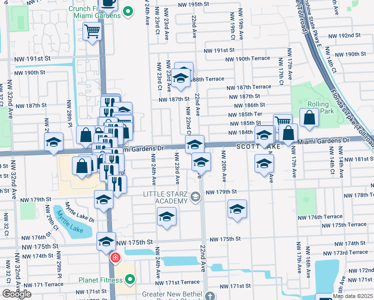 map of restaurants, bars, coffee shops, grocery stores, and more near in Miami Gardens