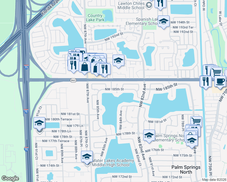 map of restaurants, bars, coffee shops, grocery stores, and more near 8420 Northwest 185th Street in Hialeah
