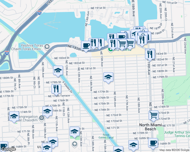 map of restaurants, bars, coffee shops, grocery stores, and more near 1440 Northeast 180th Street in North Miami Beach