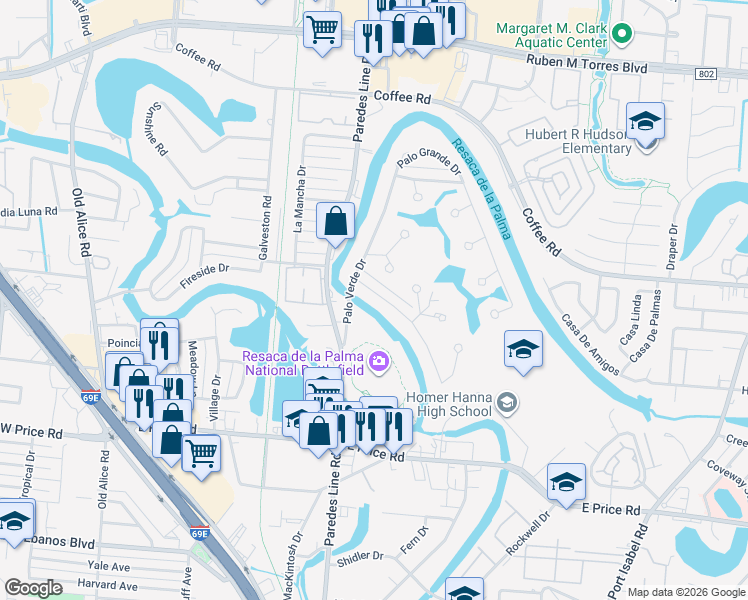 map of restaurants, bars, coffee shops, grocery stores, and more near 34 Palo Alto Drive in Brownsville