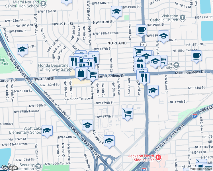 map of restaurants, bars, coffee shops, grocery stores, and more near 18120 Northwest 6th Avenue in Miami
