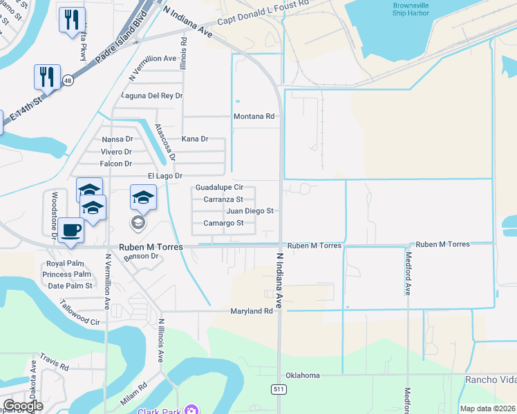 map of restaurants, bars, coffee shops, grocery stores, and more near 1368 Guadalupe Circle in Brownsville