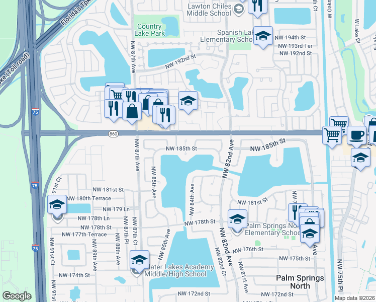 map of restaurants, bars, coffee shops, grocery stores, and more near 8420 Northwest 185th Street in Hialeah