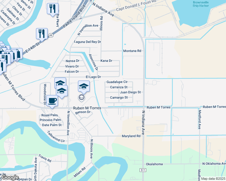 map of restaurants, bars, coffee shops, grocery stores, and more near 1060 Juan Diego Street in Brownsville