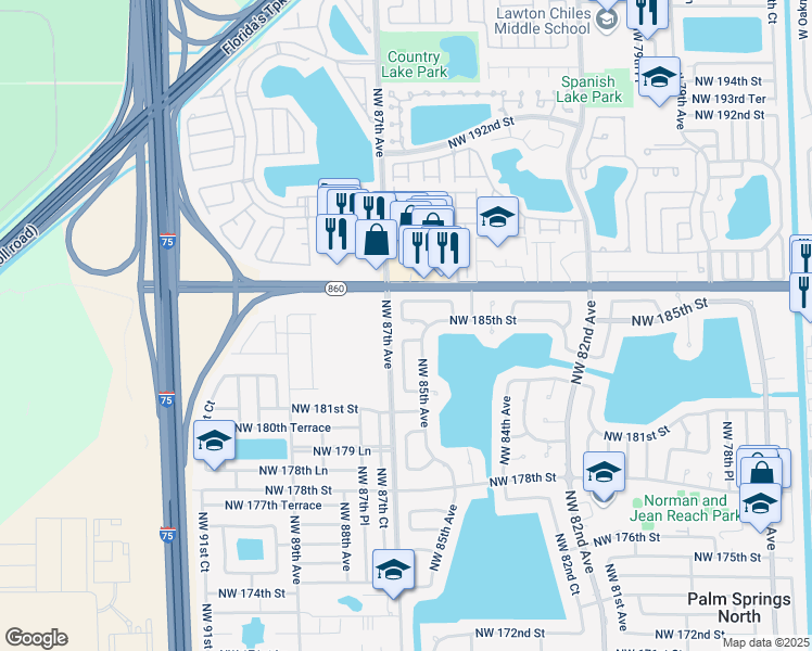 map of restaurants, bars, coffee shops, grocery stores, and more near 8530 Northwest 185th Street in Hialeah