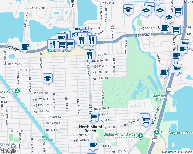 map of restaurants, bars, coffee shops, grocery stores, and more near 1959 Northeast 179th Street in North Miami Beach
