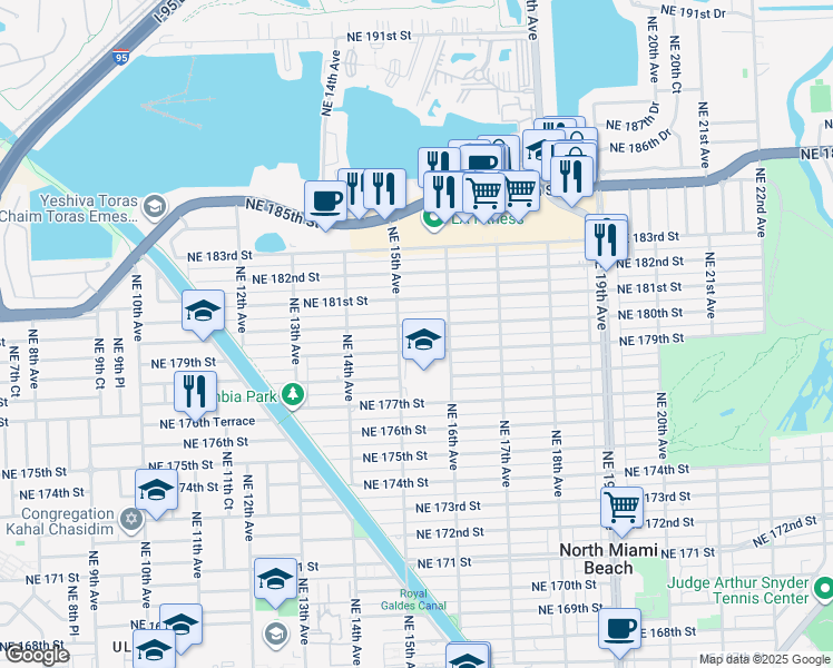 map of restaurants, bars, coffee shops, grocery stores, and more near 1500 Northeast 180th Street in North Miami Beach