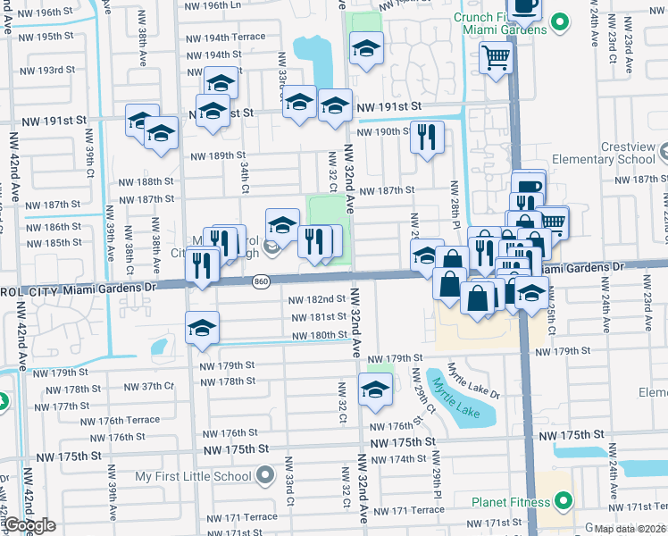 map of restaurants, bars, coffee shops, grocery stores, and more near 3255 Northwest 183rd Street in Miami Gardens