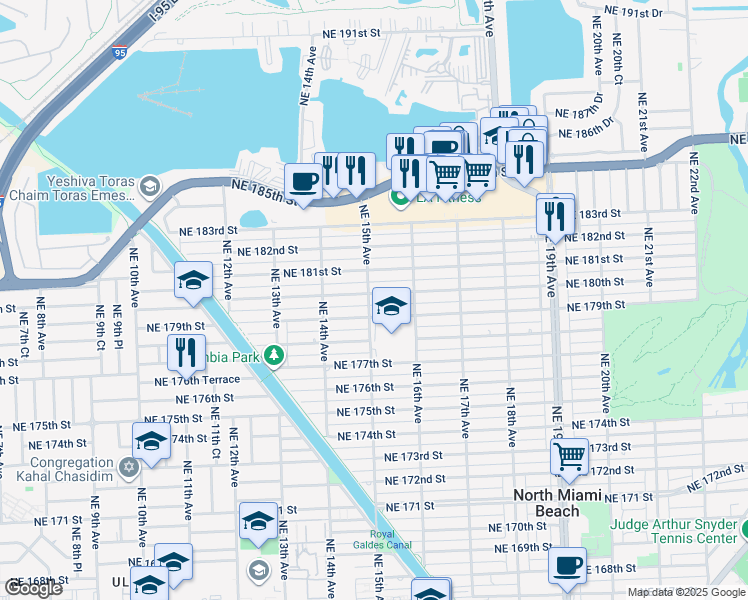 map of restaurants, bars, coffee shops, grocery stores, and more near 1500 Northeast 180th Street in North Miami Beach