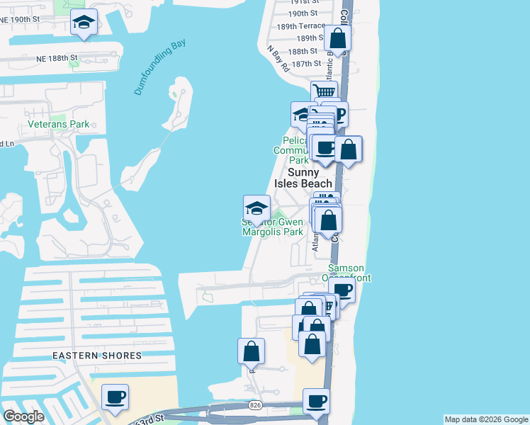 map of restaurants, bars, coffee shops, grocery stores, and more near 17700 North Bay Road in Sunny Isles Beach