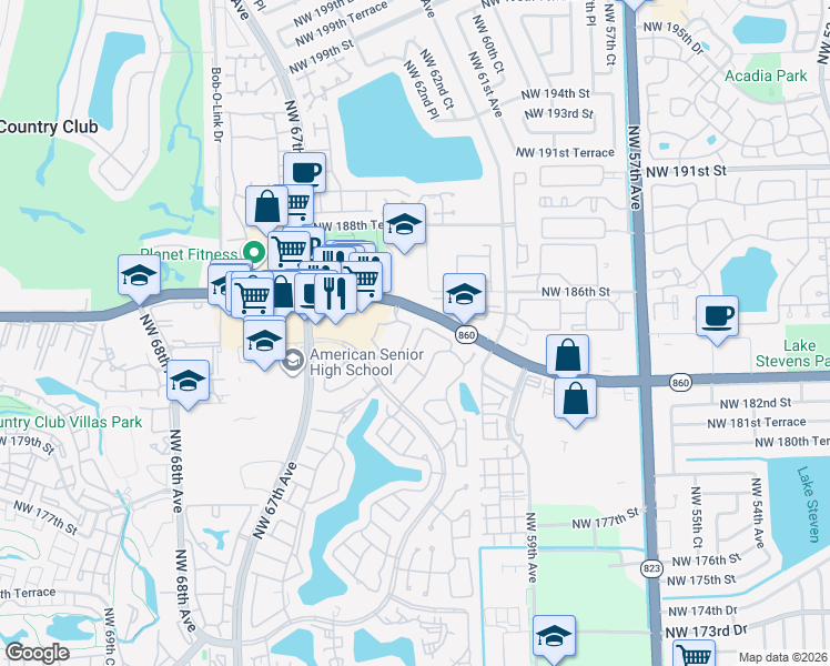 map of restaurants, bars, coffee shops, grocery stores, and more near 18356 Northwest 61st Place in Hialeah