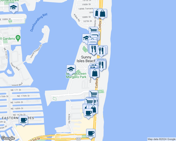 map of restaurants, bars, coffee shops, grocery stores, and more near 200 178th Street in Sunny Isles Beach