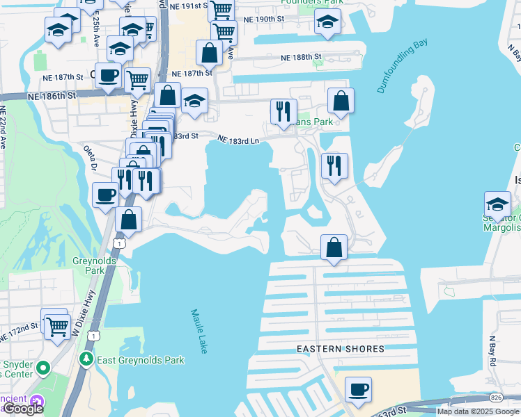 map of restaurants, bars, coffee shops, grocery stores, and more near 2980 Point East Drive in Aventura
